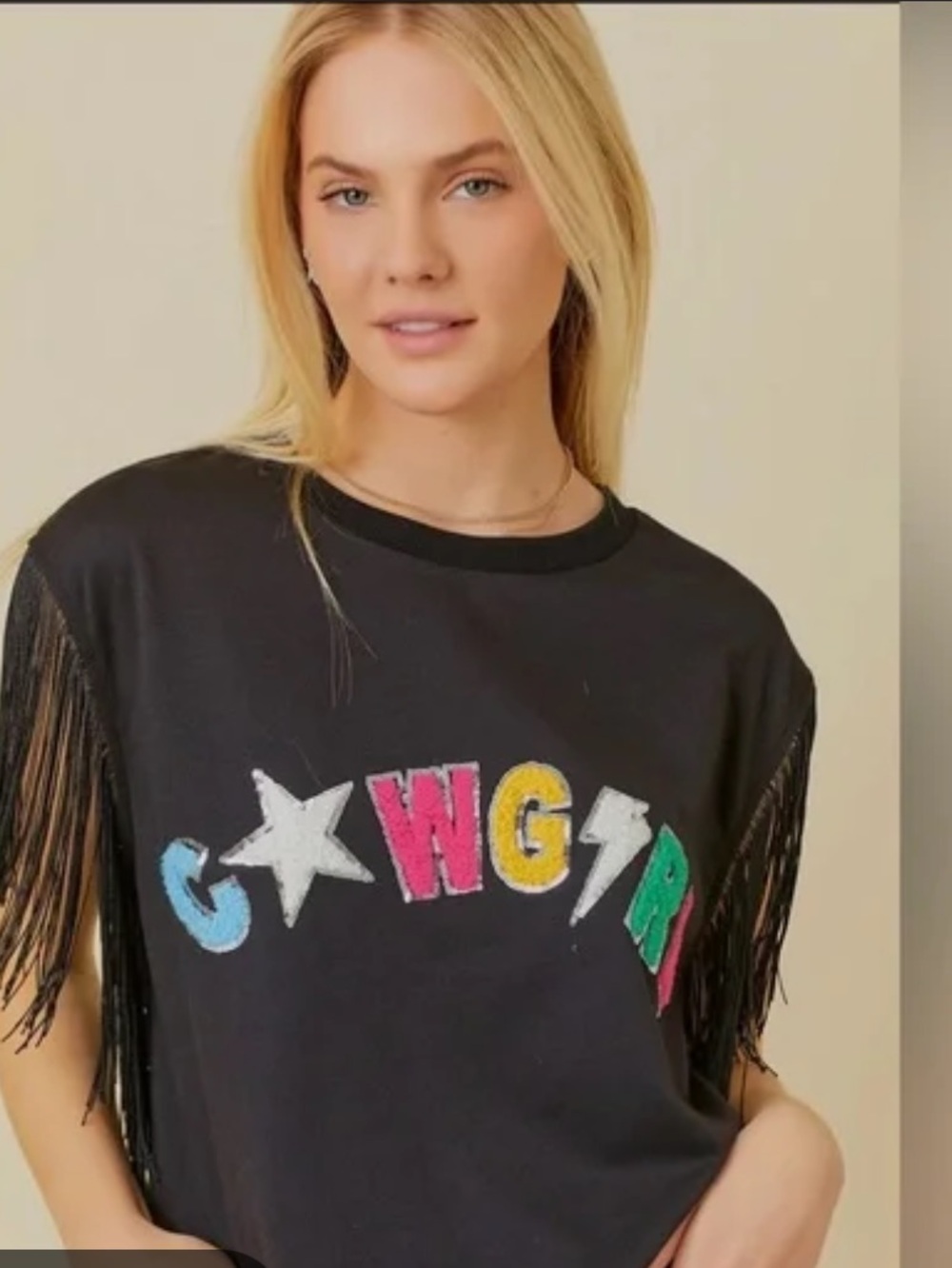 Main strip NWT large Mintirop Black 'Cowgirl’ Fringe Sleeve Crop Tee